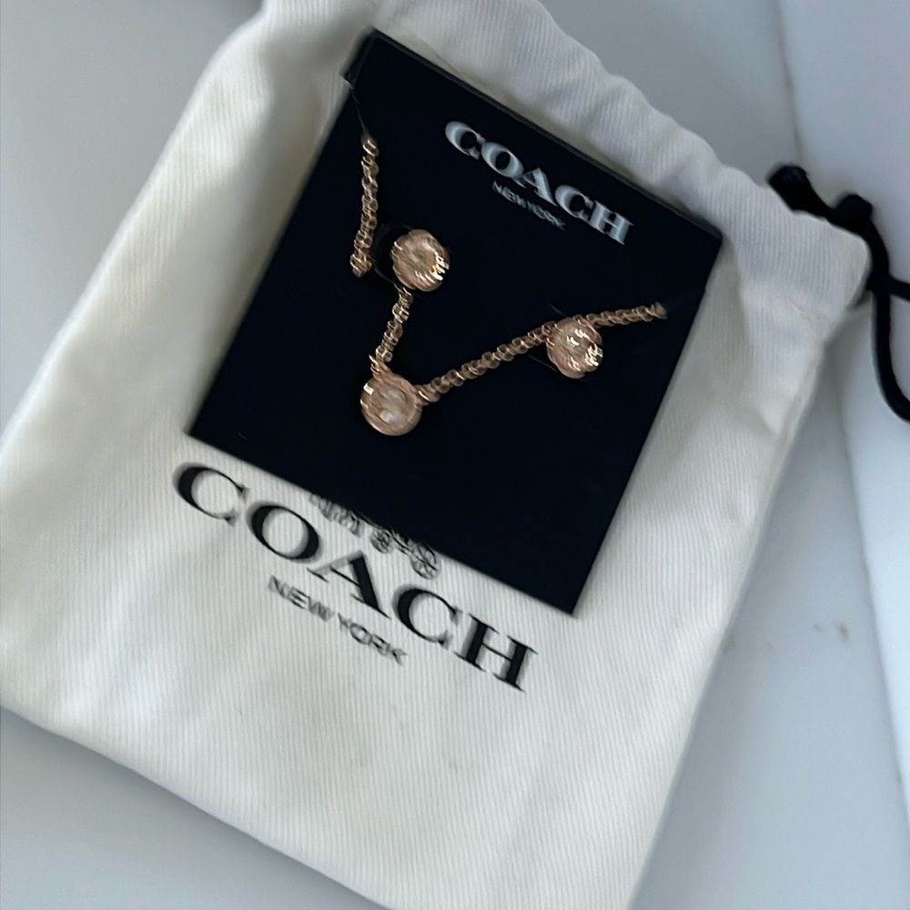 Coach rose tone earrings and necklace set cz name